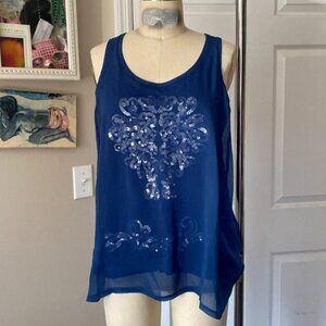 Fenn Wright Manson BLUE Sequins Sequined Overlay Stretch Tank Shirt *SMALL*